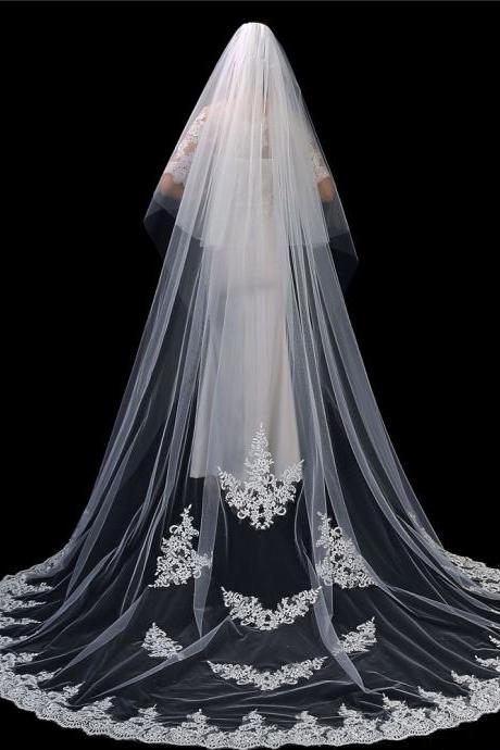 2T Floral Appliques Lace Wedding veils Wedding Dreamy Cathedral Bridal Veils