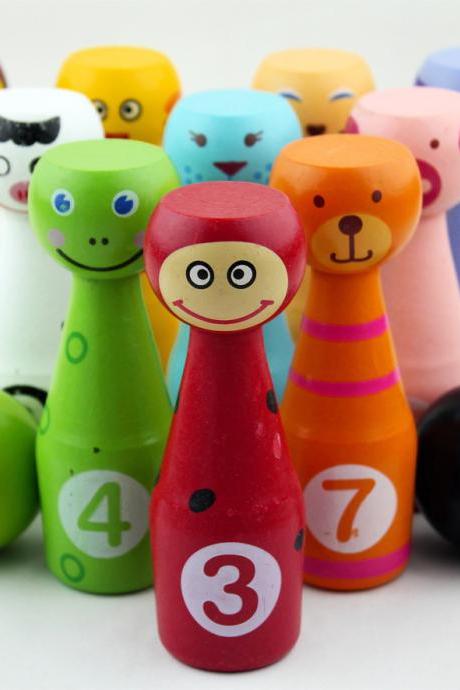 Wooden Skittles for Children - Wooden Skittle Set with Facial Emotions and Numbers - 10 Pin Bowling Set for Kids Indoor and Garden Toys