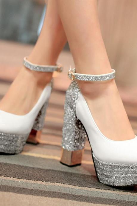 Fashion women's single shoes thick heel waterproof platform night prom dress high heels