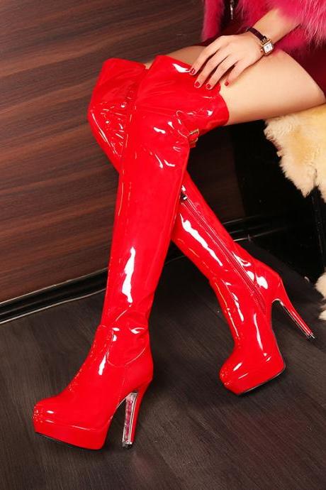 Pole dance boots women's high heels sexy patent leather boots zipper high boots