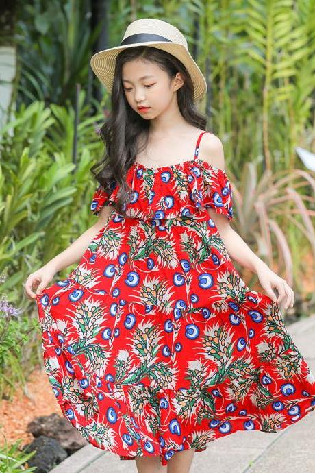 Girls floral dress 2020 summer Korean version of the lotus leaf off-shoulder strap dress
