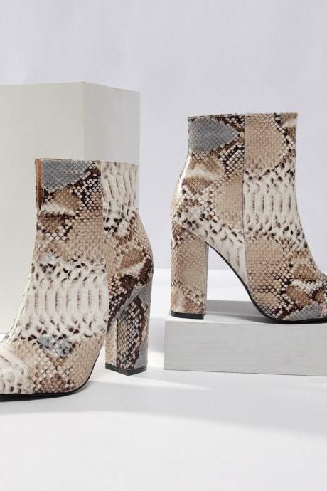 Snakeskin pattern short boots women's large size women's shoes thick heel high heel print boots