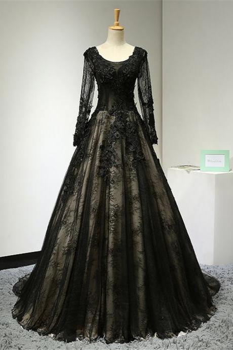 Bride black long sleeve lace wedding dress