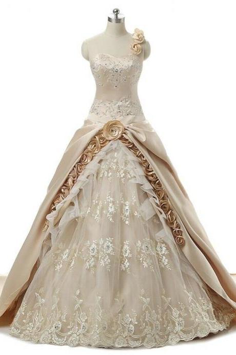 Champagne Wedding Dress,One Shoulder Wedding Dress