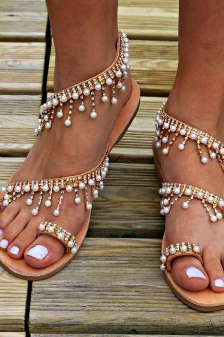 Roman pearl sandals European and American handmade beaded flat sandals women