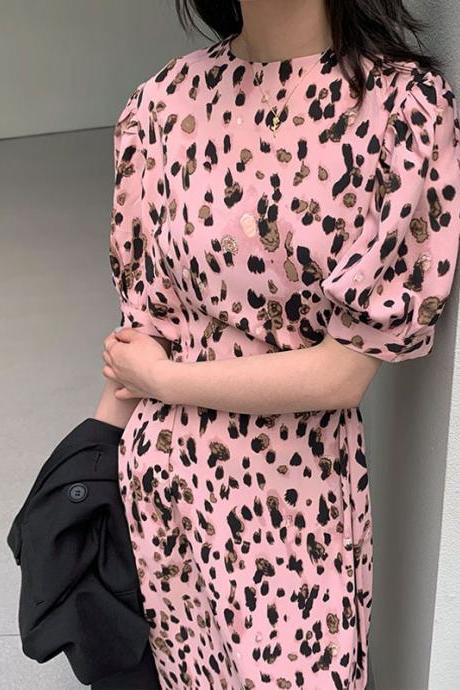 Pink Leopard Print Puff Sleeve Dress Round Neck Long Skirt Mini Dress