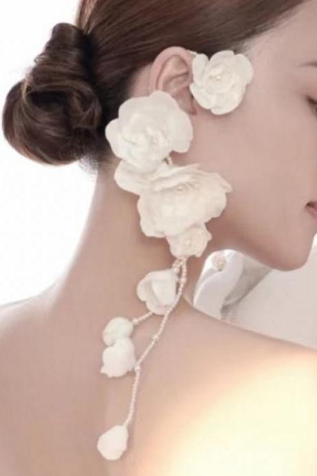 Bride Handmade White Flower Headdress Earrings Hair Accessories Bridal Accessories
