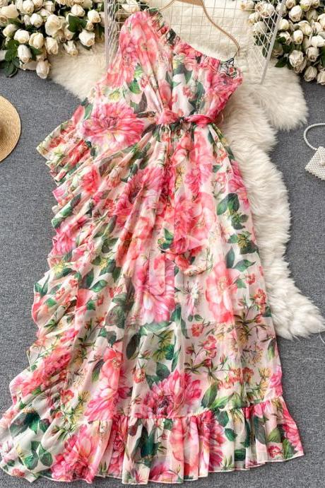 Floral one-shoulder ruffled holiday dress
