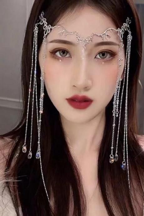 Chinese Retro Long Tassel Headpiece, Vintage Water Drop Tassel Hairpin Face Curtain Forehead Eyebrow Pendant for Women, Crystal Hair Pins