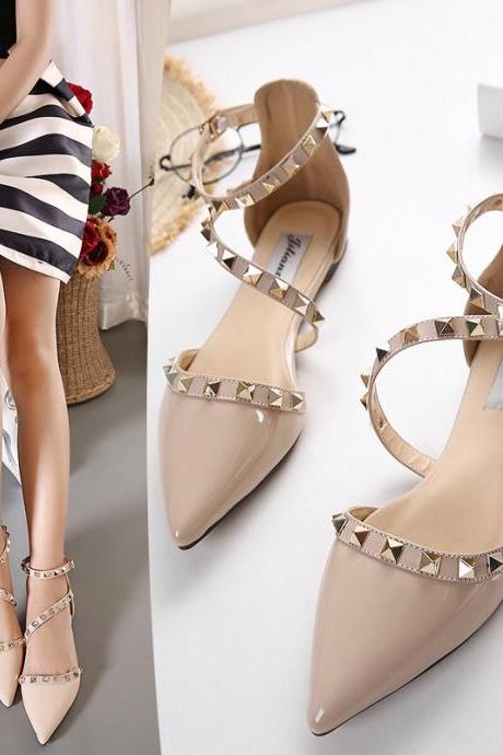 Rivet Pointed Toe Strap Flat Shoes Willow Spike Flat Heels Single Shoes Women's Shoes