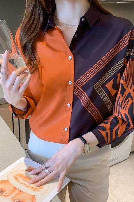 Fashion satin color matching long-sleeved silk top