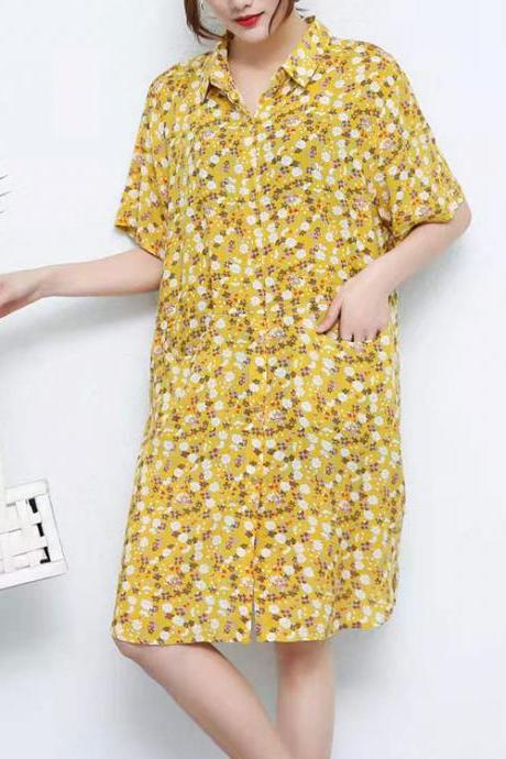 Loose short-sleeved shirt dress mid-length cotton and linen floral dress