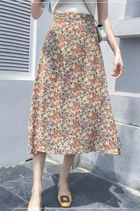 Floral skirt, small daisy long skirt, high waist a-line chiffon skirt