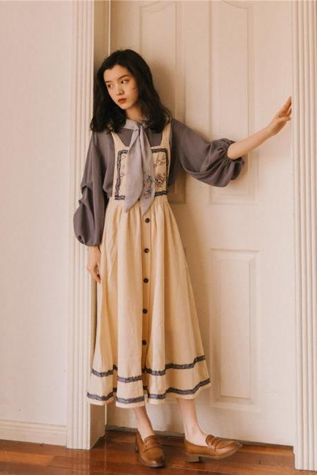 Pleated Lantern Sleeve Long Sleeve Embroidered Shirt + Retro Strap Two-piece Dress