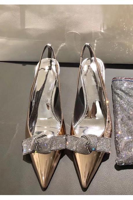 Silver rhinestone pointed toe women's shoes back space high heel women's shoes bow knot toe sandals women