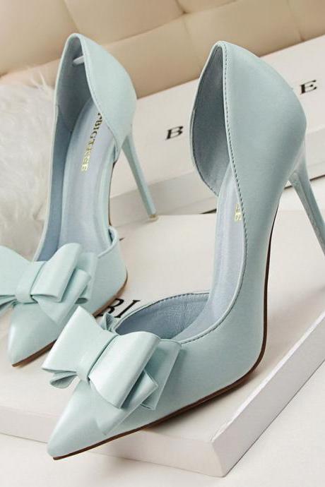 Korean style bow high heels stiletto high heels shallow mouth pointed side hollow single shoes