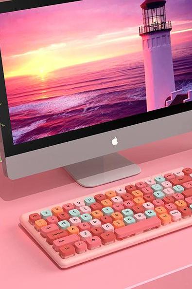 Wireless keyboard and mouse set girl lipstick color retro round hat desktop laptop