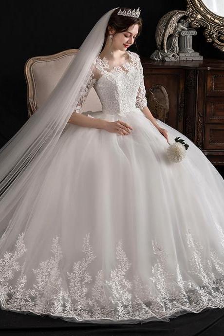 Bridal Long Sleeve Lace Beaded Wedding Dress