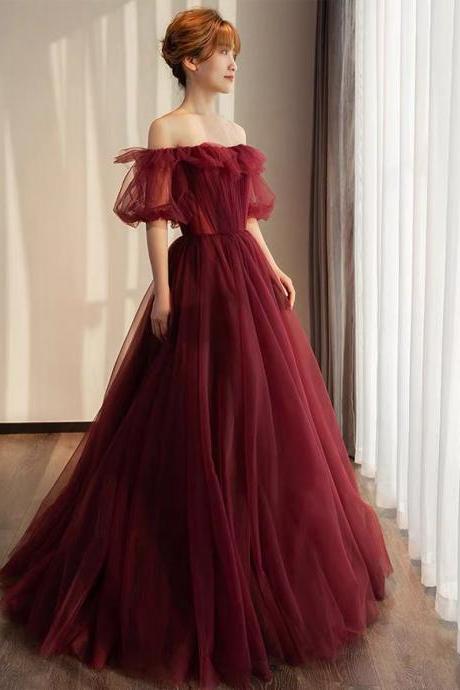 Wine Red Bridal Dress Wedding Dress Puff Sleeve Wedding Evening Dress