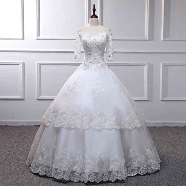 Wedding Dress Bride Lace Beaded Simple Wedding Dress Word Collar Long ...