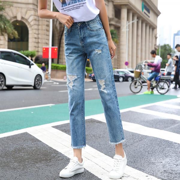 Ripped jeans women's loose cropped pants all-match high waist