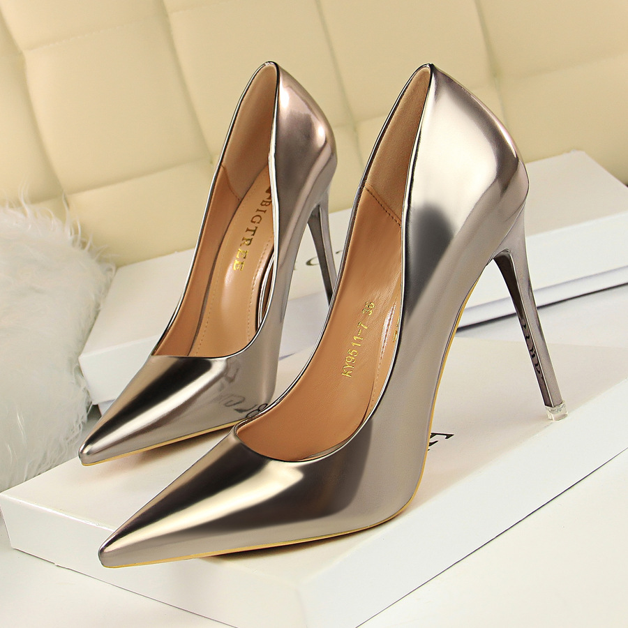 Metallic Heels Women's Shoes High-heeled Shallow Mouth Pointed Sexy ...